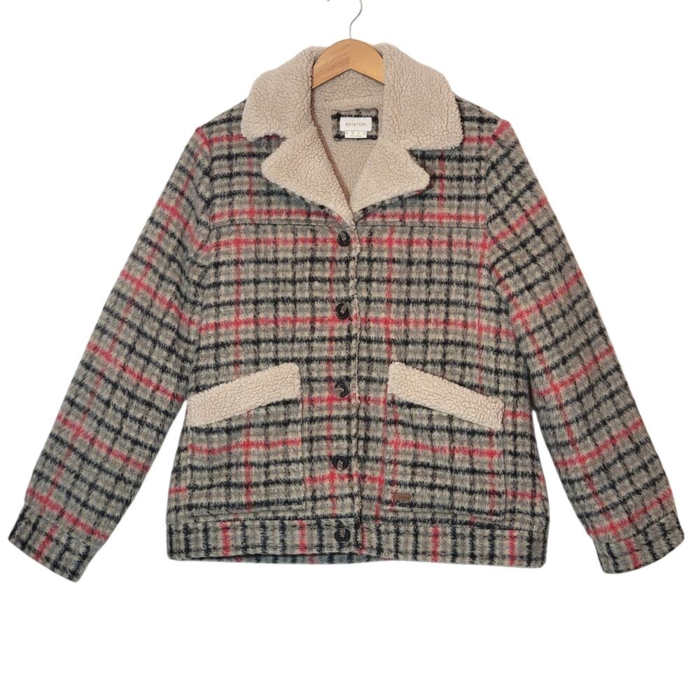 Brixton Nouvelle Plaid Sherpa Peacoat Red Black Vanilla Cozy Fall Winter Chic M - Picture 1 of 16